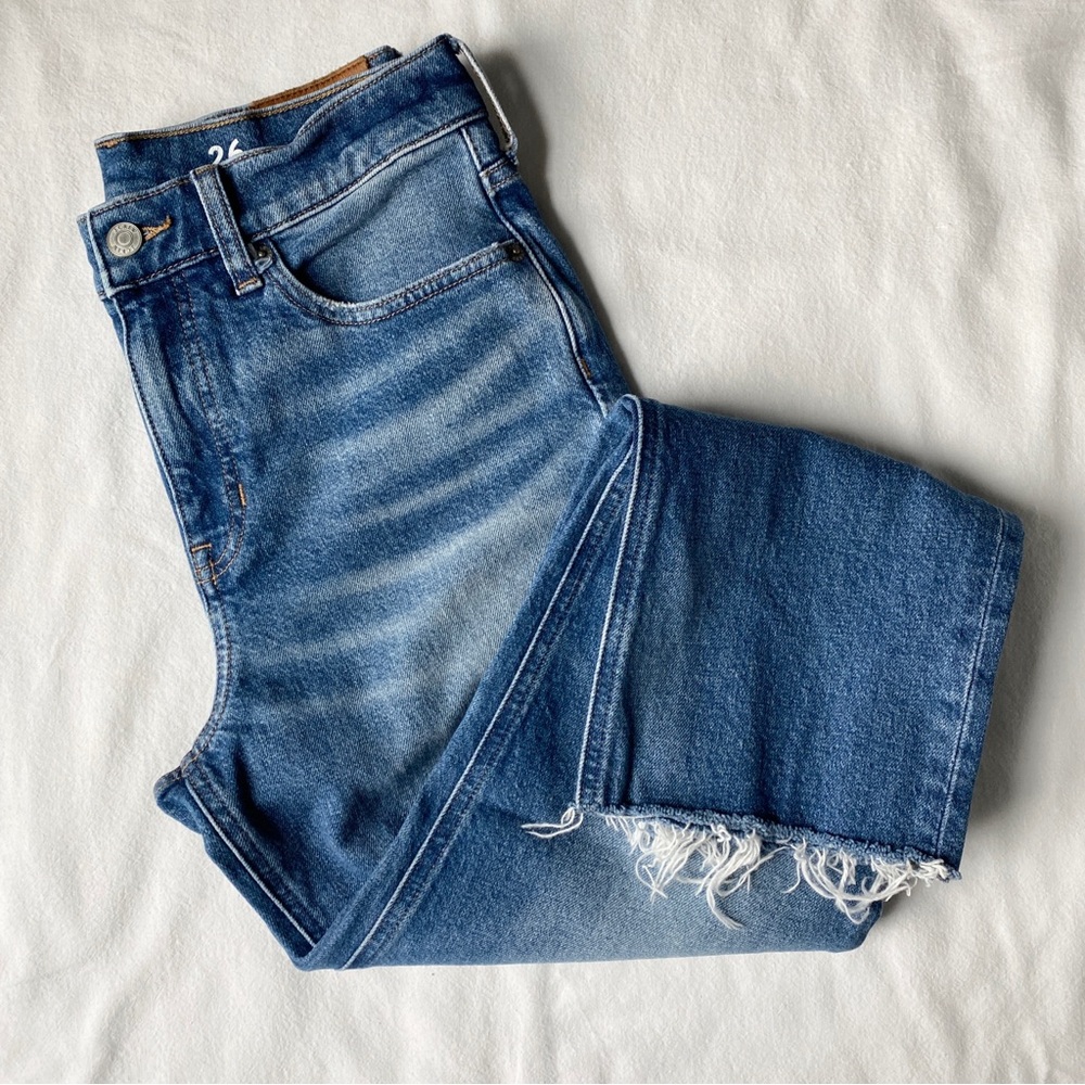 J.Crew Classic Straight High Rise with Knee Rip Raw Hems Size 26